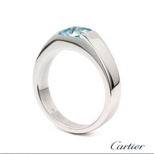 18WG Cartier Aquamarine Tank Ring Size 57