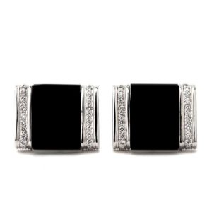 18k White Gold Black Onyx and Diamond Rectangular Cufflinks