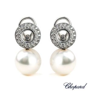 Chopard 18k White Gold Diamond and Pearl Earrings 84/3538-1002 B&P