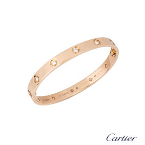 Cartier 18k Rose Gold Full Diamond Love Bangle Size 17 B&P B6040617
