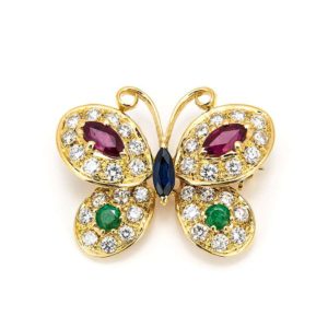 18YG Diamond & Gem Butterfly Brooch