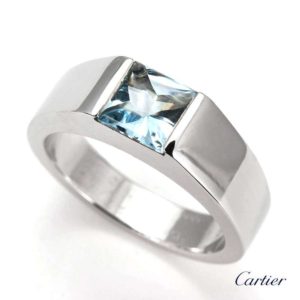 Cartier 18k White Gold Aquamarine Tank Ring Size M