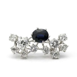 Plat 3.34TDW Old Cut Diamond and Sapphire Brooch