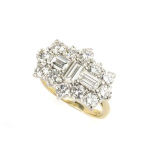 18k Yellow and White Gold Round Brilliant Cut and Emerald Cut Diamond Cluster Ring 3.35ct