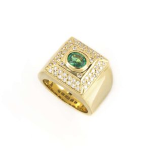 18k Yellow Gold Diamond and Emerald Gents Dress Ring
