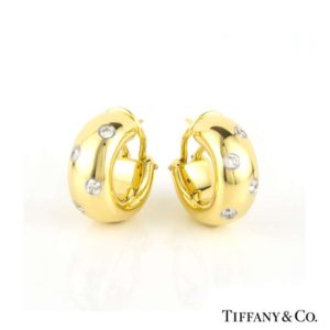 Tiffany & Co 18k Yellow Gold Diamond Etoile Hoop Earrings