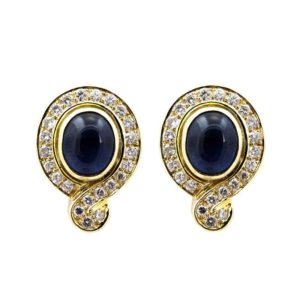 18k Yellow Gold Cabochon Sapphire & Diamond Earrings