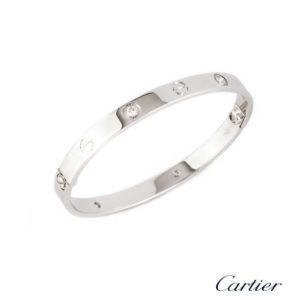 Cartier 18k White Gold Half Diamond Love Bangle Size 17 B&P B6026416