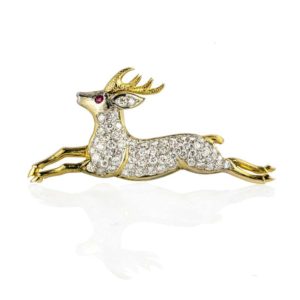 18k Yellow & White Gold Diamond Deer Brooch