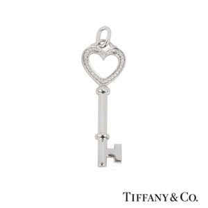 Tiffany & Co. 18k White Gold Diamond Set Heart Key Pendant