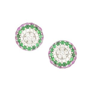 18k White Gold Ruby, Diamond & Emerald Cluster Earrings