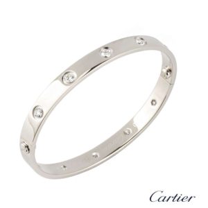 Cartier 18k White Gold Full Diamond Love Bangle Size 17 B6040716