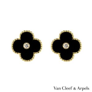 Van Cleef & Arpels 18k Yellow Gold Diamond Set Alhambra Earclips
