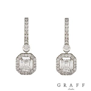 Graff 18k White Gold Square Emerald Cut Diamond Earrings 2.00ct