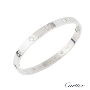 Cartier 18k White Gold Half Diamond Love Bangle Size 18 B&P B6026418