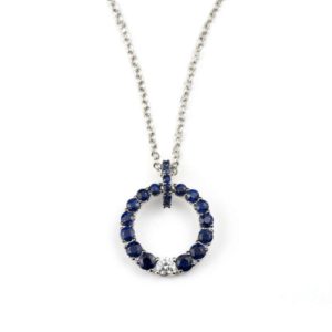 18k White Gold Blue Sapphire & Diamond Circle Pendant