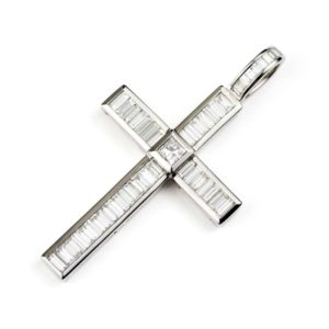 18k White Gold Princess/Emerald Cut Diamond Cross Pendant 2.00ct Total