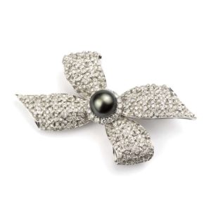 18k White Gold Bow Design Diamond and Tahitian Pearl Brooch
