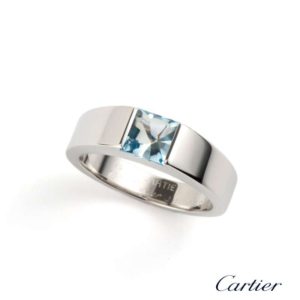 Cartier 18k White Gold Aquamarine Tank Ring Size 55