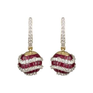 18k Yellow Gold Ruby and Diamond Ball Earrings