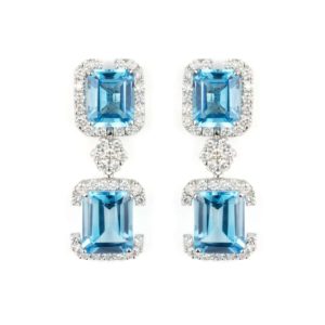 18k White Gold Blue Topaz and Diamond Drop Earrings