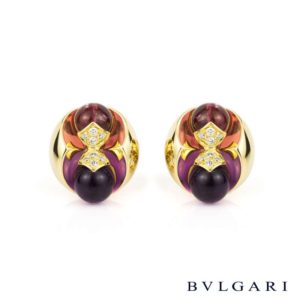 Bvlgari 18k Yellow Gold Amethyst, Tourmaline and Diamond Clip Earrings