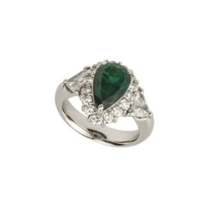 Pear Cut Emerald and Round Brilliant Cut Diamond Ring in Platinum