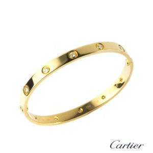 Cartier 18k Yellow Gold Full Diamond Love Bangle Size 18 B&P B6040518