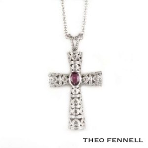 Theo Fennell 18k White Gold Diamond and Pink Sapphire Cross Pendant
