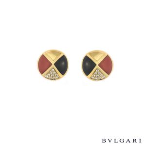 Bvlgari 18k Yellow Gold Onyx, Cornelian and Diamond Earclips