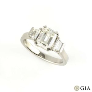 Three Stone Emerald Cut Diamond Ring in Platinum 1.67ct H/VS2